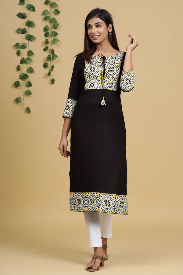 Women's Black Solid Printed Kurta - Yufta