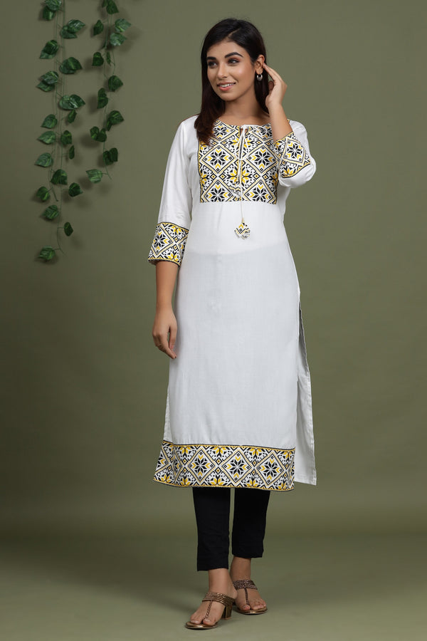 Women's White Solid Printed Kurta - Yufta