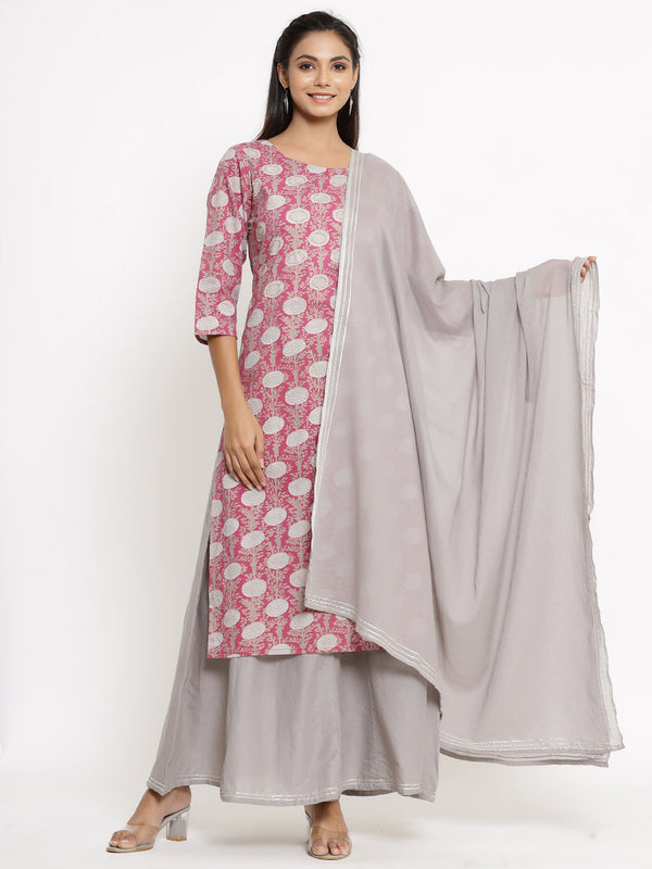 Women's Pink & Grey Kurta with Sharara set by Kipek- (3pcs set)