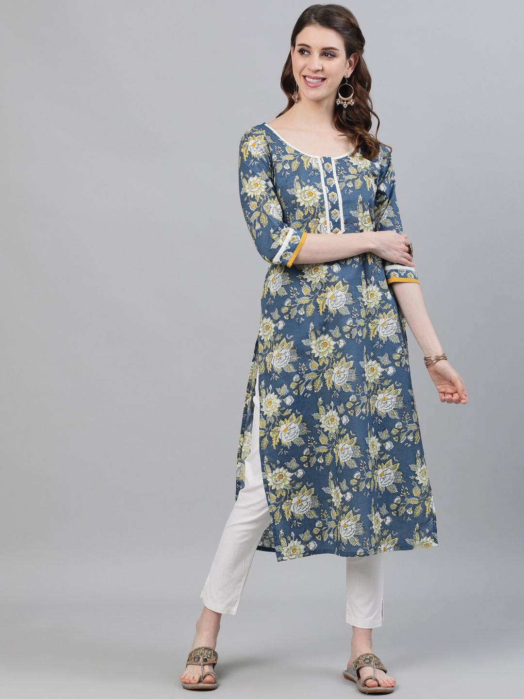 Women's Blue Floral Printed Straight Kurta  - AKS