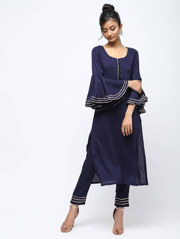 Women's Navy Blue Straight Kurta With Bell Sleeve & Gotta Work - Cheera