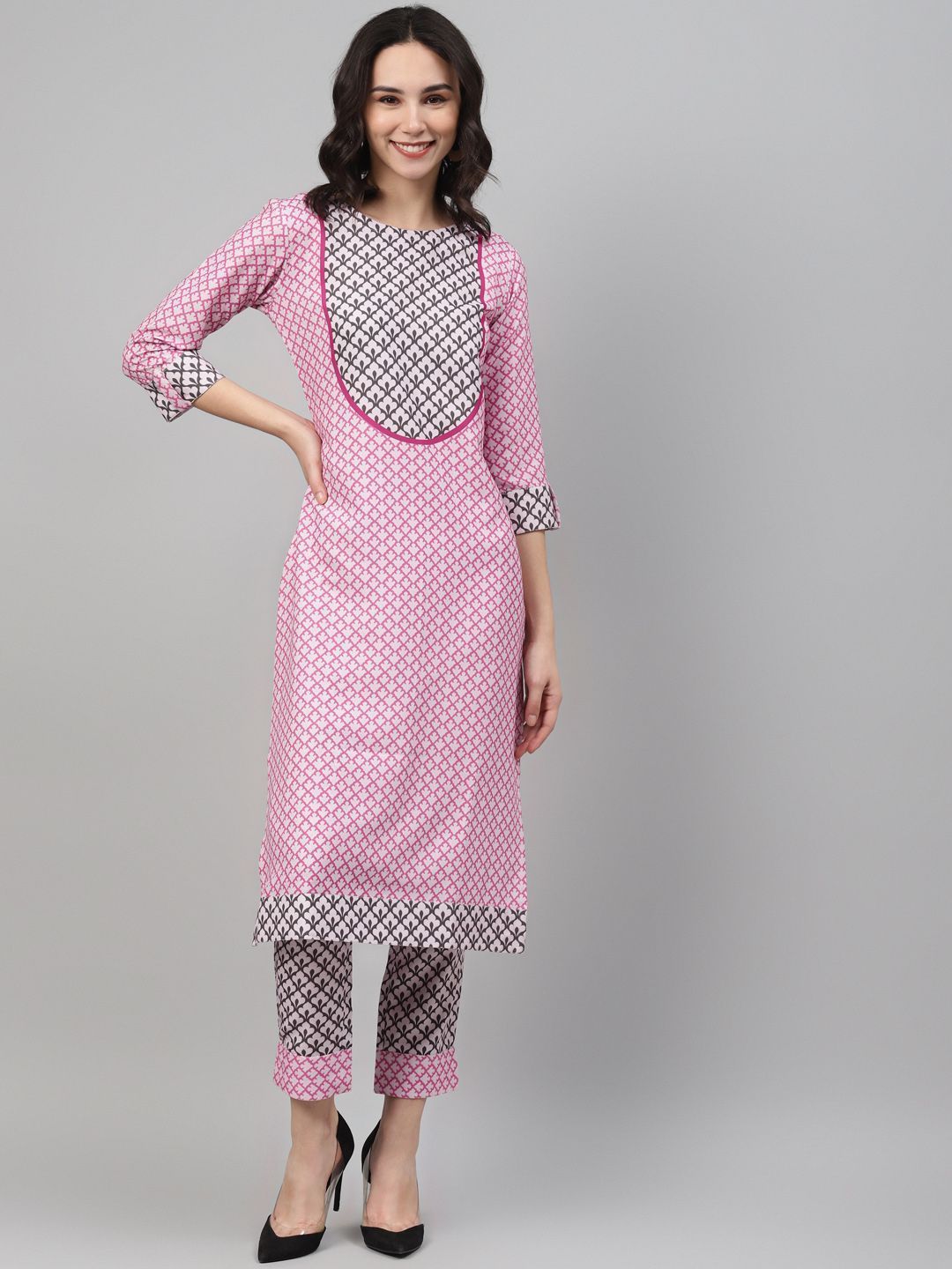 Women's Pink Color Screen Print Straight Kurta And Pant Set - Ziyaa