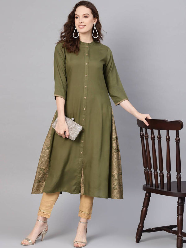 Women's Olive Rayon Printed A-Line Kurta - Juniper