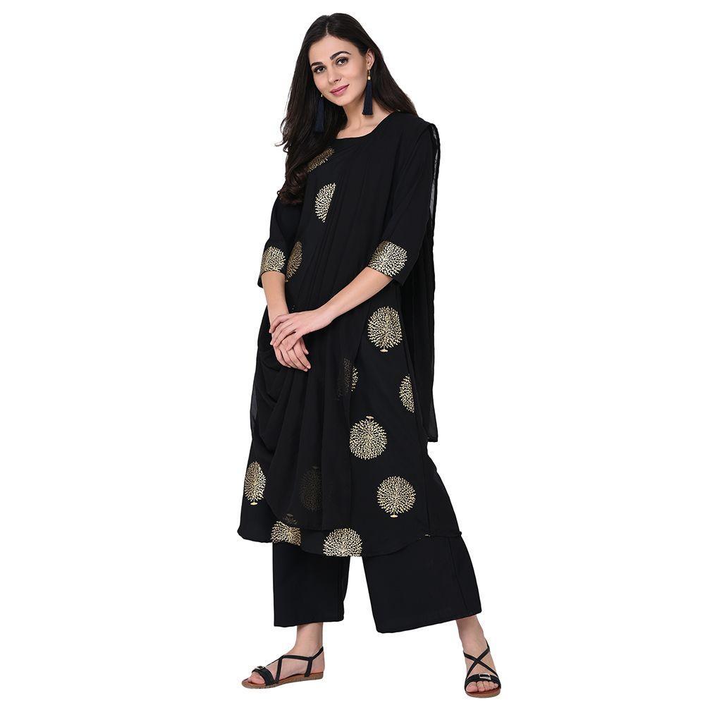 Women's Black Flared Foil Kurta by Ziyaa- (1pc set)