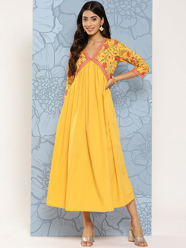 Yellow Floral Print Empire Midi Ethnic Dress