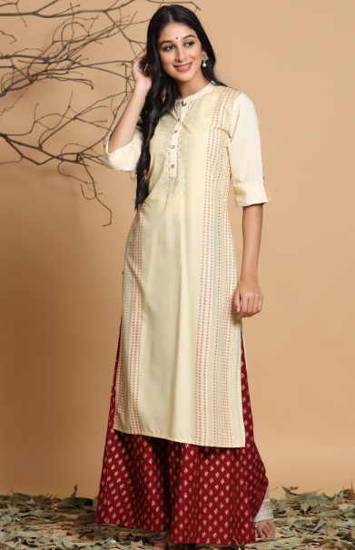 Women's Ivory Rayon Printed Straight Kurta With Mask 1- Juniper