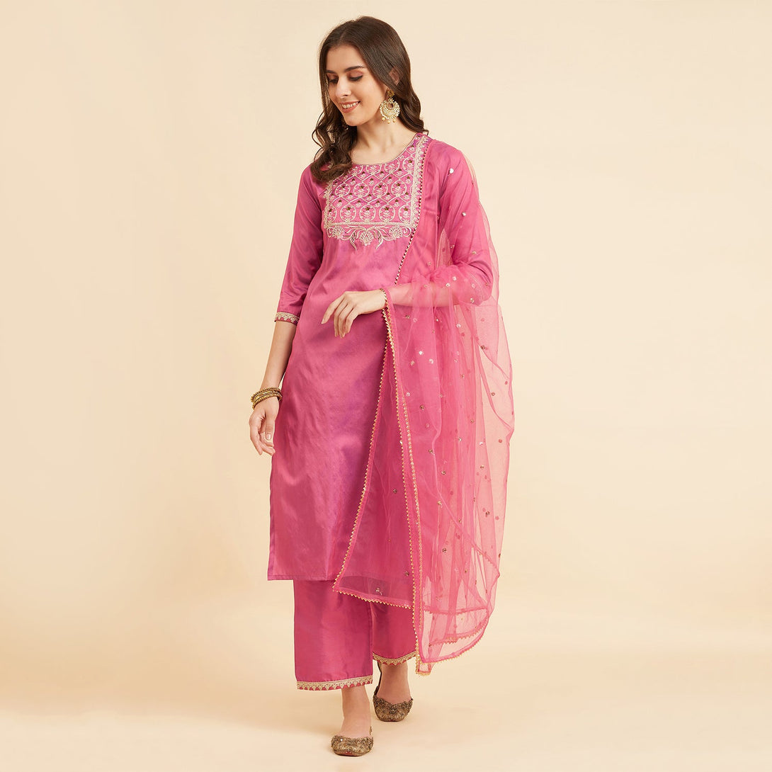 Women's Pink Embroidered Calf Length Kurta With Palazzo & Dupatta Set - Azira