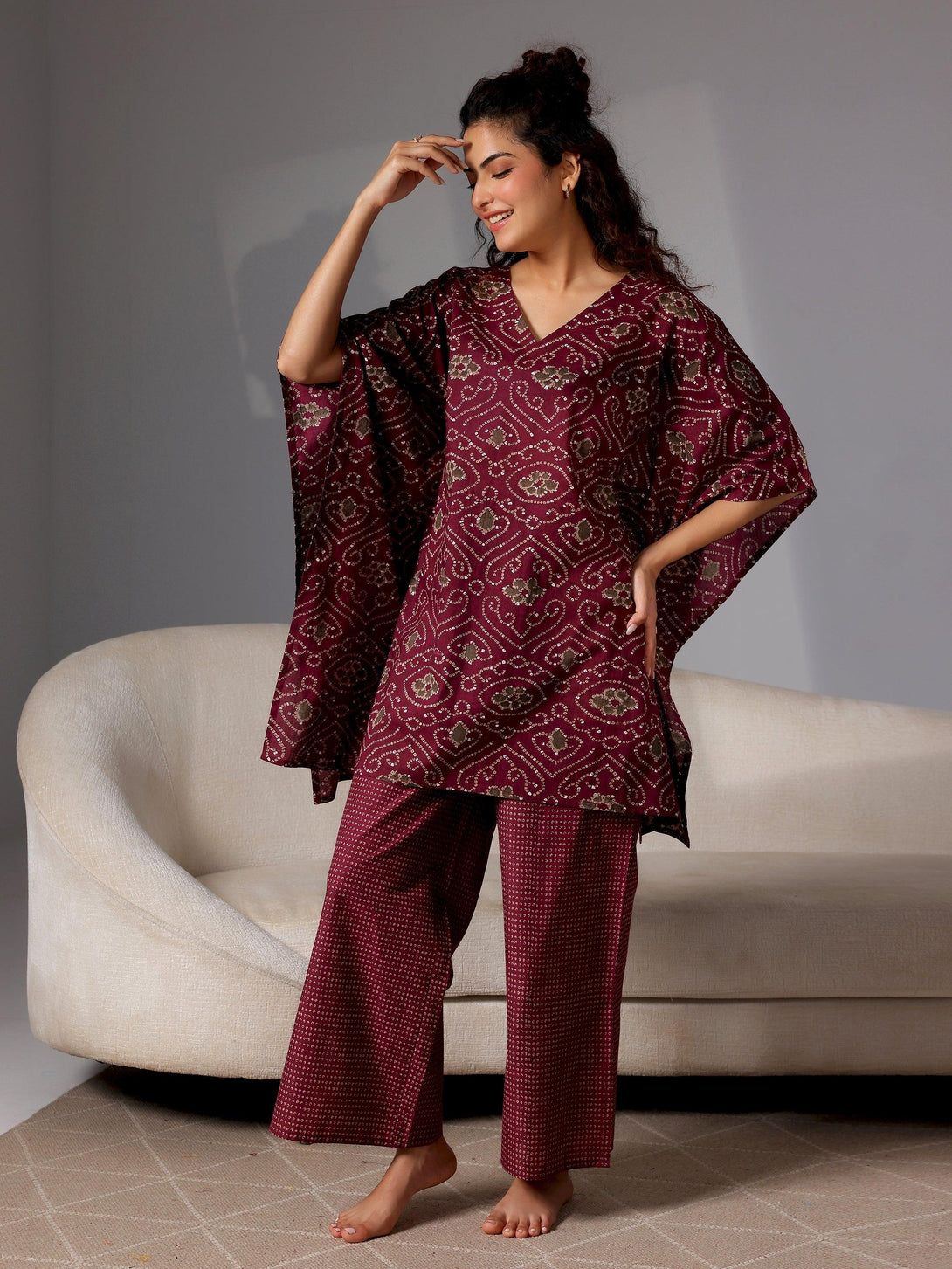 Wine Printed Cotton Night Suits - Jashvi