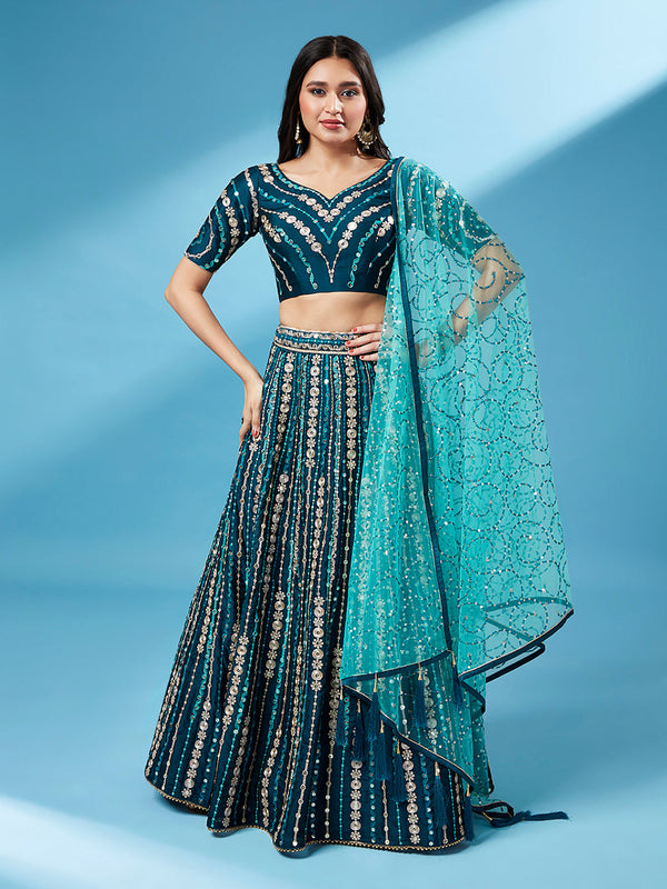 Women's Teal Pure Georgette Sequinse Work Lehenga & Unstitched Blouse With Dupatta - Royal Dwells