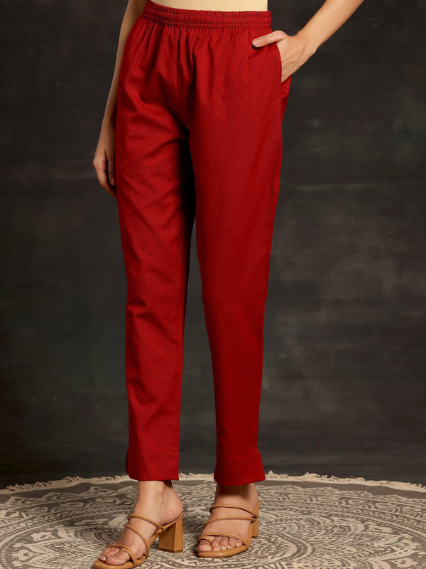 Maroon Solid Cotton Straight Fit Trousers