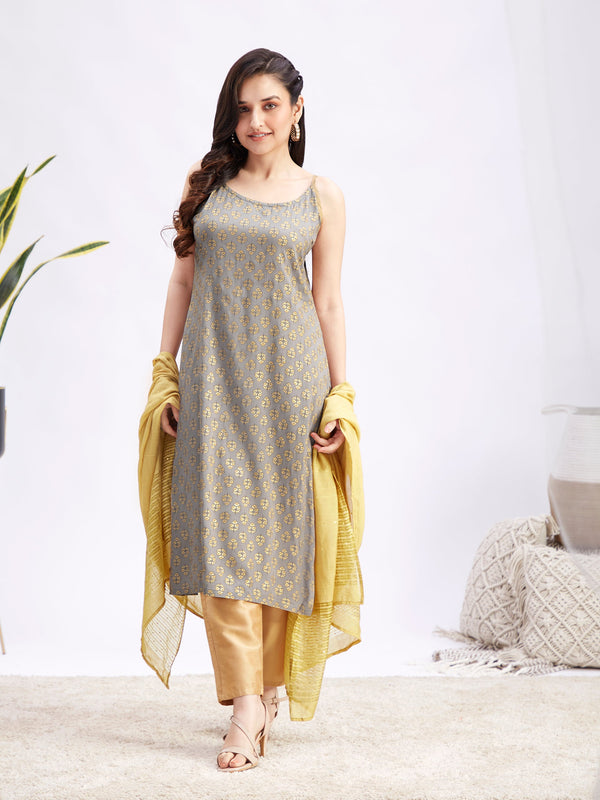 Jashvi Women's Grey Foil Printed Rayon Kurta Set With Dupatta