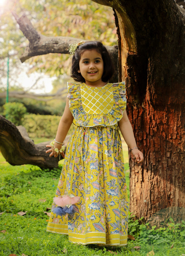 Girl's Yellow Cotton Floral Print Lehenga Choli With Ghaghra Set - Lil Drama