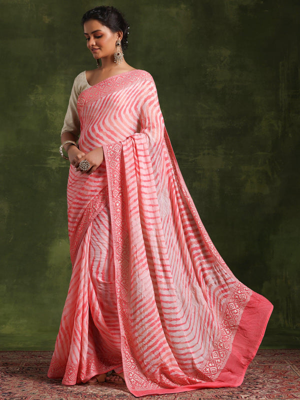 Coral Printed Poly Georgette Saree With Unstitched Blouse Piece - Jashvi