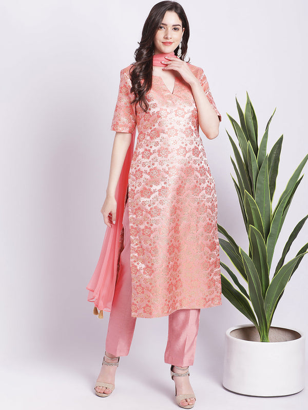 Women's Peach Banarsi Straight Kurti With Pants And Chiffon Dupatta - Anokherang