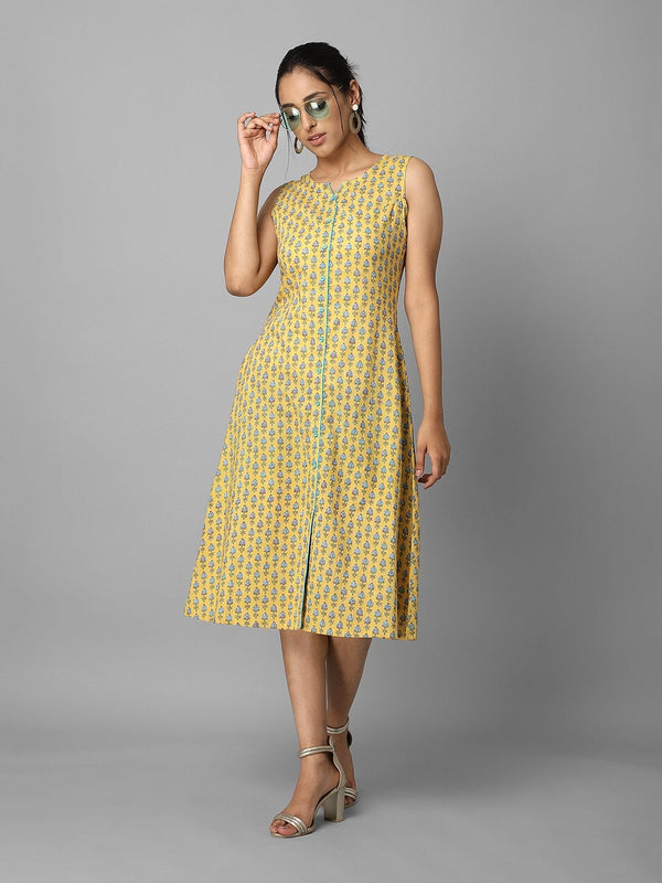 Women's Yellow Ethnic Printed Button Down A-Line Dress - Azira