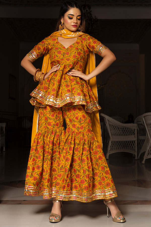 Women's DARPAN MUSTARD  YELLOW HAND BLOCK COTTON  SHARARA SET - Pomcha Jaipur