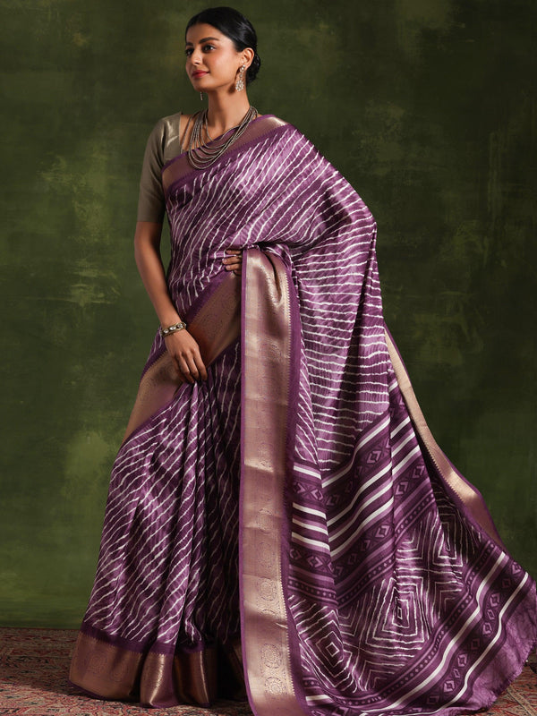 Mauve Printed Silk Blend Saree With Unstitched Blouse Piece - Jashvi