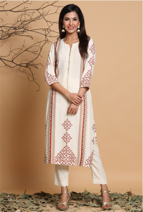 Women's Ivory Rayon Printed Straight Kurta Pant Set - Juniper