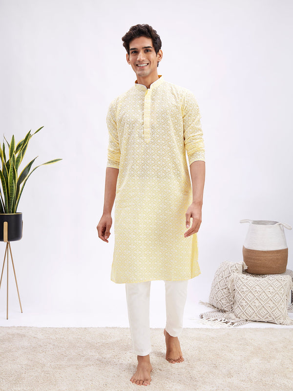 Jashvi Men's Yellow And White Cotton Kurta And Pyjama Set