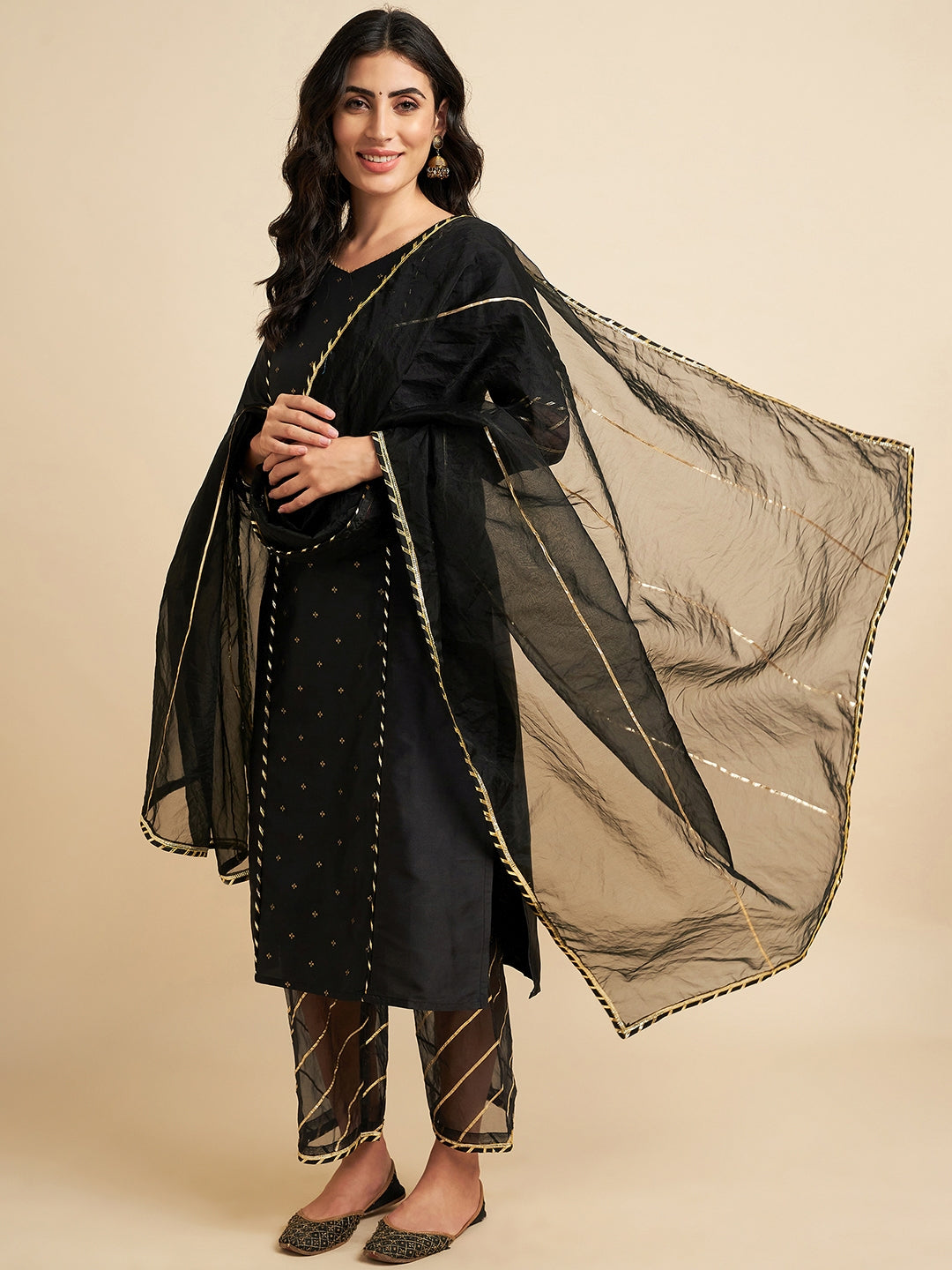 Women's Black Raw Silk Straight Calf Length Kurta With Palazzo Dupatta Set - Azira