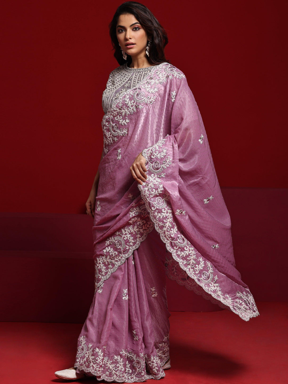 Jashvi Lavender Embroidered Tissue Saree With Unstitched Blouse Piece - Jashvi