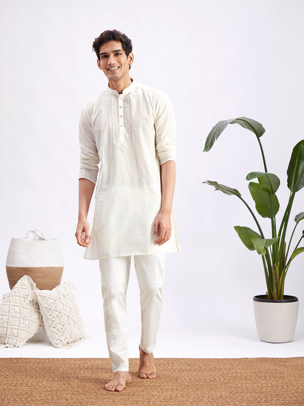 Jashvi Men's White Jacquard Cotton Kurta Pyjama Set