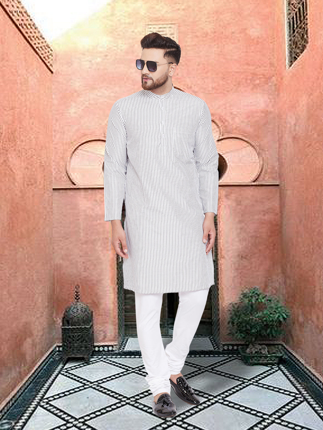 Men's Black And White Striped Kurta - Even Apparels