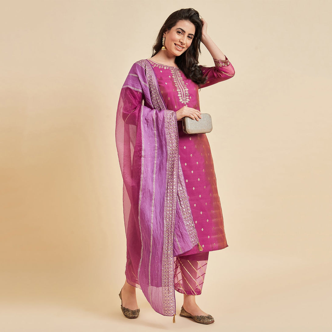 Women's Taffeta Straight Calf Length Kurta With Palazzo And Dupatta Set - Azira