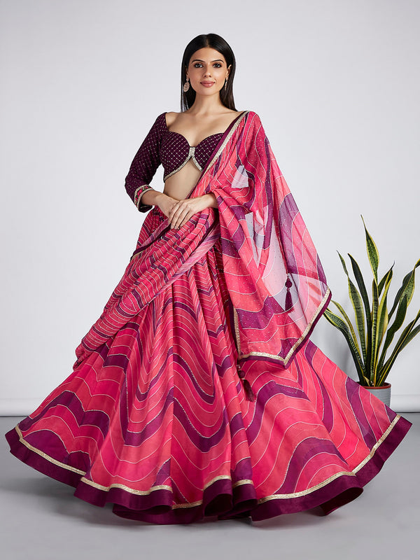 Women's Rose Organza Siroski Stone Work Leheriya Print Lehenga Choli & Dupatta - Royal Dwells