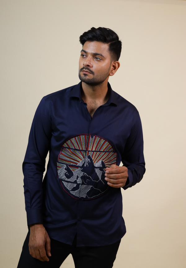 Men's Navy Color Keitha Designer Mountain Embroidered Shirt Full Sleeves Casual Shirt - Hilo Design