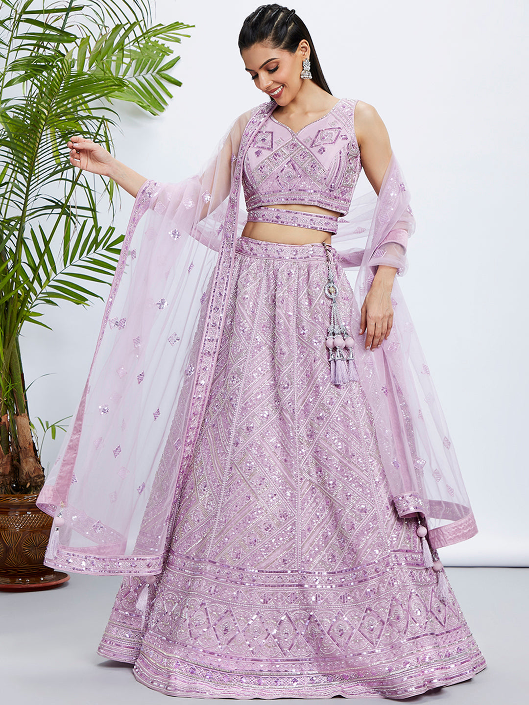 Women's Lavender Georgette Sequins And Thread Embroidery  Lehenga Choli & Dupatta - Royal Dwells