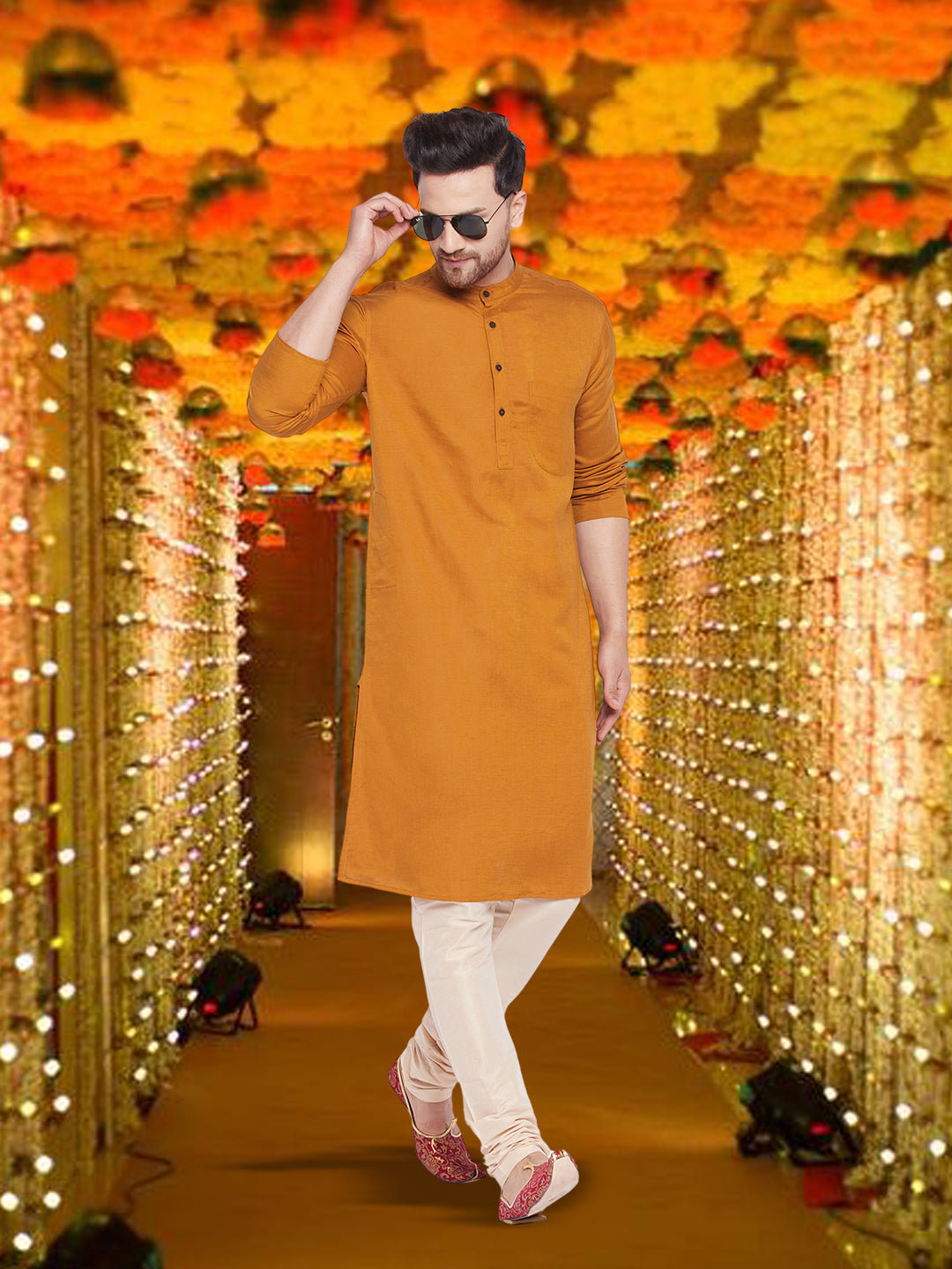 Men's Copper Coloured Linen Kurta - Even Apparels