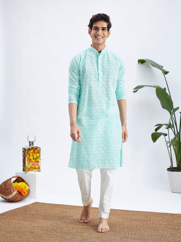 Jashvi Men's Green And White Cotton Kurta And Pyjama Set