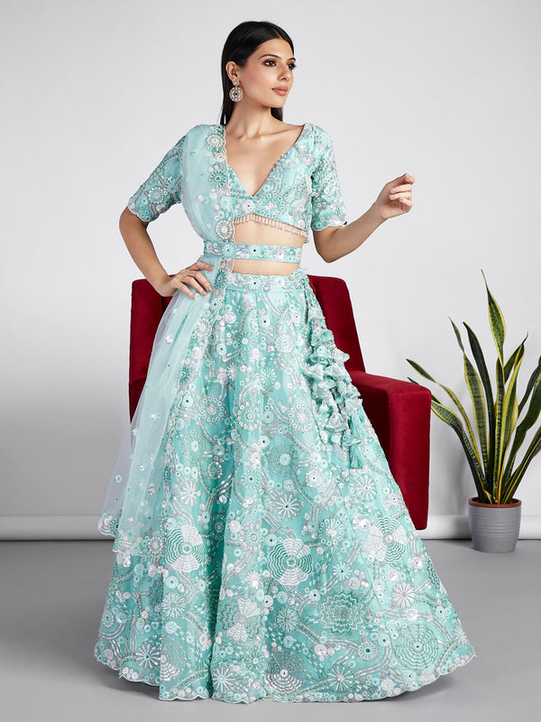 Women's Turquoise Blue Organza Sequins, Zarkan And Thread Embroidery Lehenga Choli & Dupatta - Royal Dwells