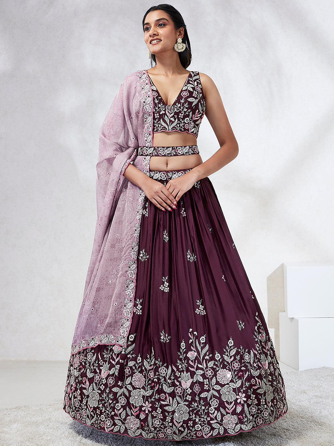 Women's Burgundy Pure Georgette Sequins And Thread Embroidery  Lehenga Choli & Dupatta - Royal Dwells