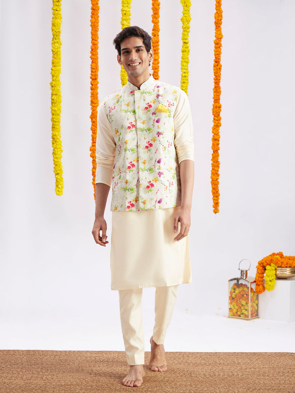 Jashvi Cream Printed Nehru Jacket And Cream Solid Kurta With Pyjama Set