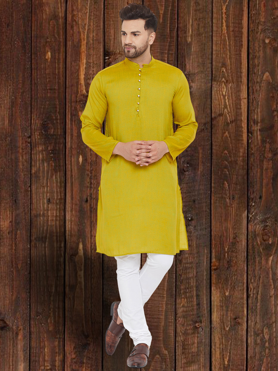 Men's Yellowish Green Wedding Kurta - Even Apparels