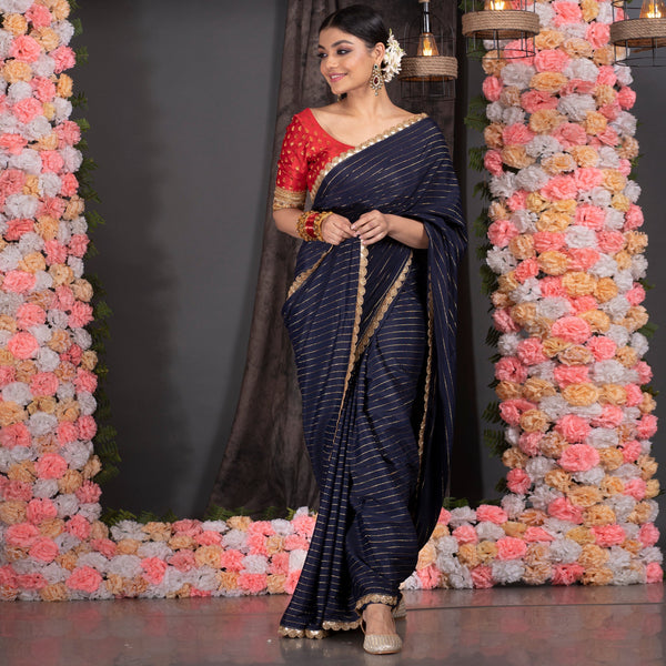 Women's Navy Blue Georgette Saree With Lurex Gold Stripes And Scallop Embroidered Border - Boveee