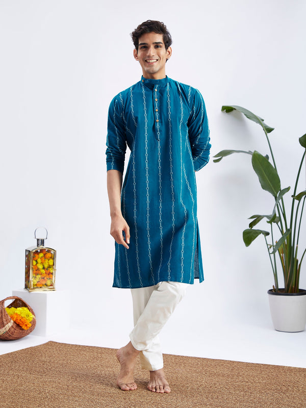 Jashvi Men's Blue denim Jacquard Kurta With White Pant Set