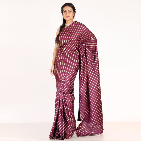 Women's Wine Dola Silk Saree With Diagonal Zari Woven Line With Gota Patti Border - Boveee