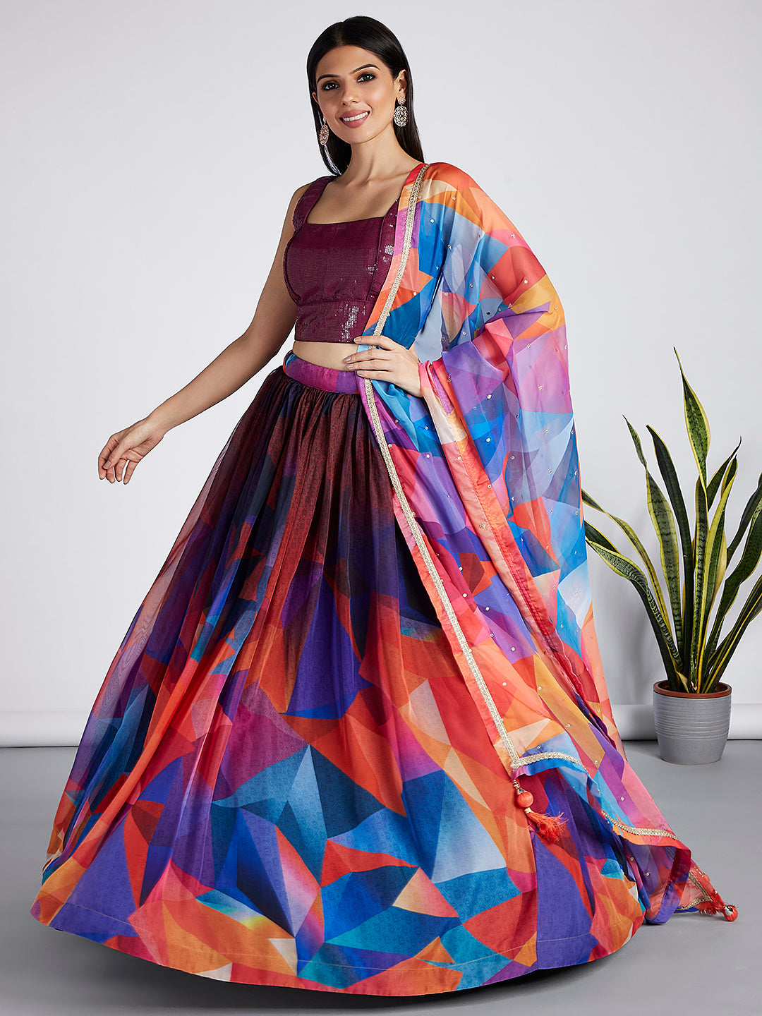 Women's Multi Colour Organza Abstrack Design Digital Print Semi-Stitched Lehenga Choli & Dupatta - Royal Dwells