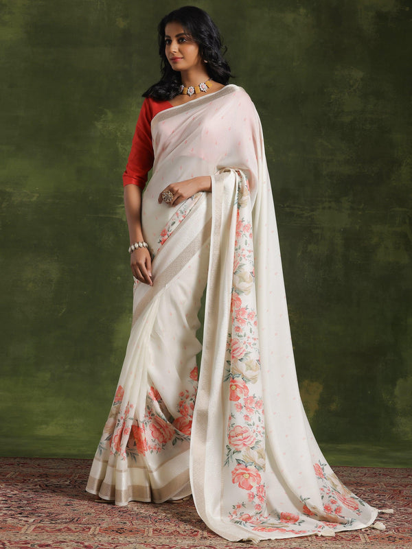 Off White Printed Silk Blend Saree With Unstitched Blouse Piece - Jashvi