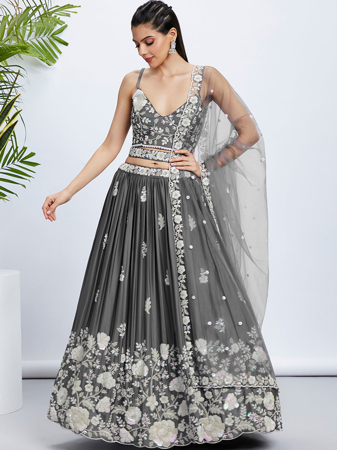 Women's Grey Georgette Sequins, Mirror And Thread Embroidery  Lehenga Choli & Dupatta - Royal Dwells