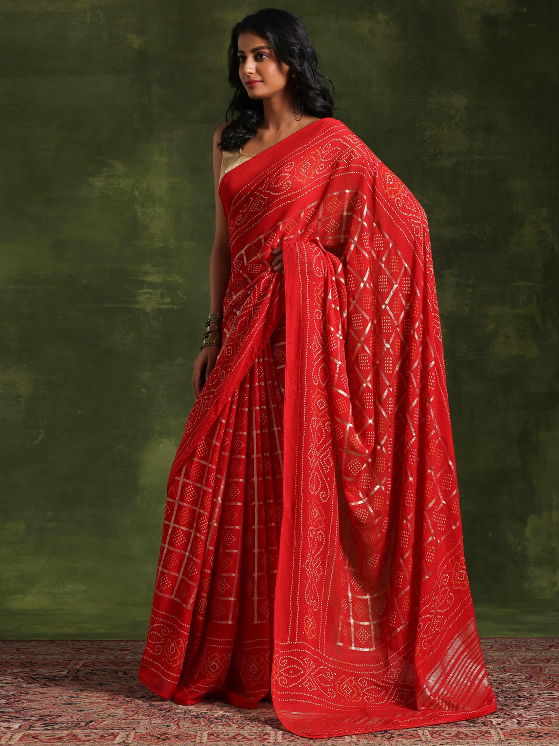 Red Printed Poly Georgette Saree With Unstitched Blouse Piece - Jashvi