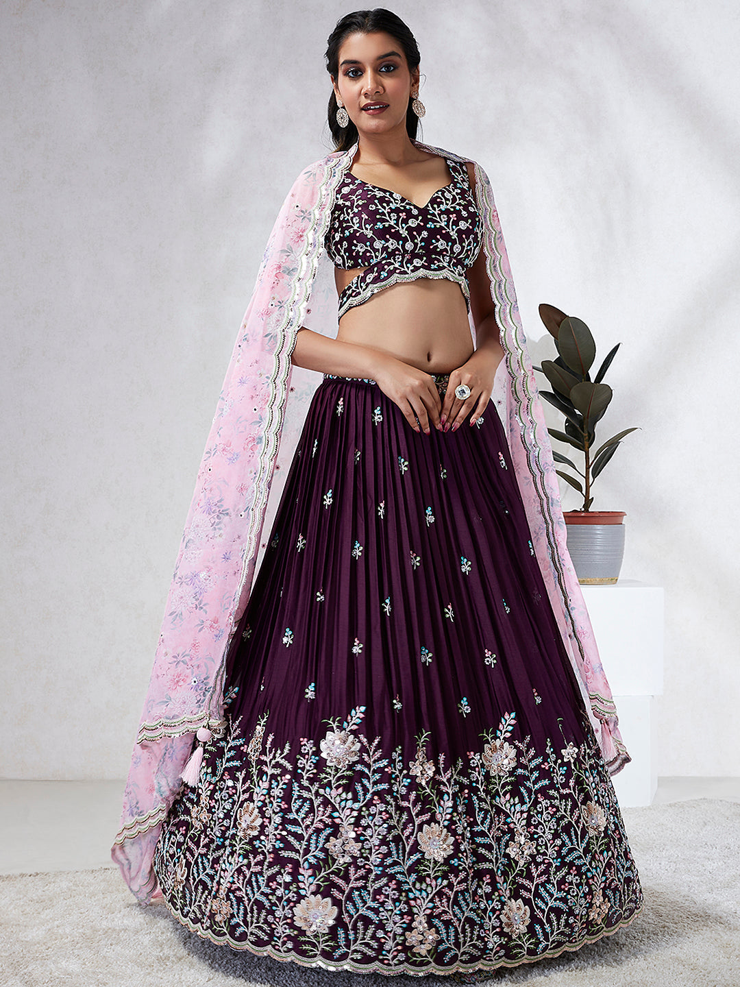 Women's Purple Pure Georgette Sequins And Thread Embroidery  Lehenga Choli & Dupatta - Royal Dwells