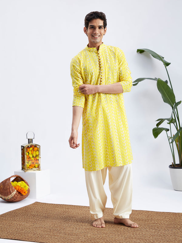 Jashvi Men's Mustard Pure Cotton Chikankari Kurta With Patiala set