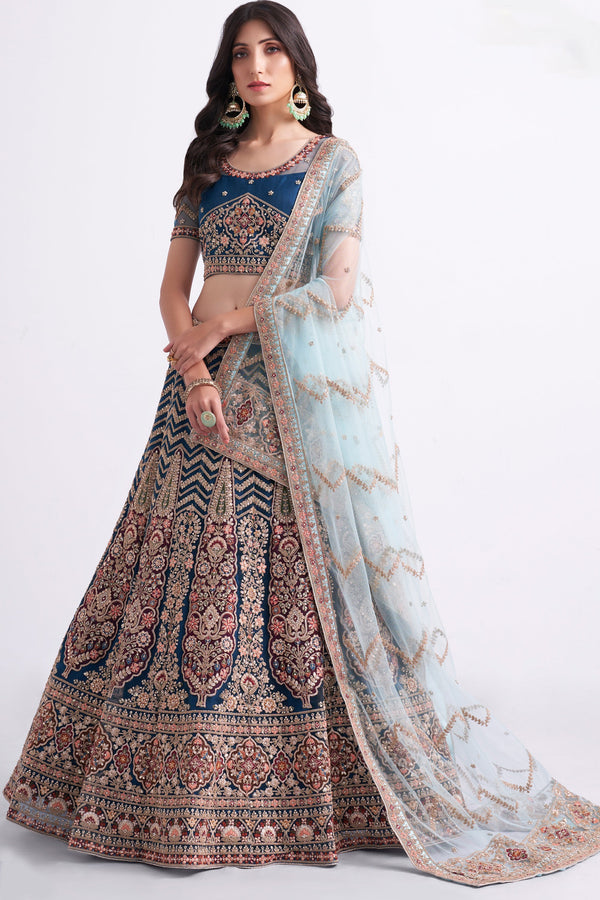 Women's Bridal Heritage Persian Blue Heavy Embroidered Net Designer Lehenga - CHITRAS