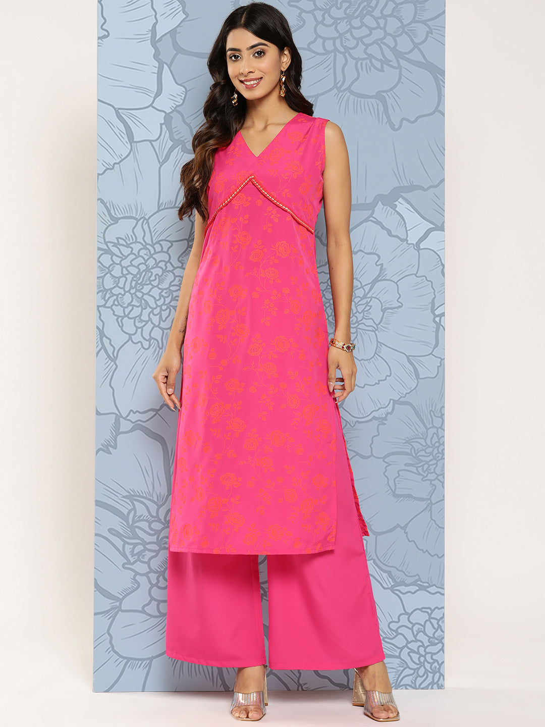 Women's Floral Printed Empire Gotta Patti Kurta With Palazzos - Ahalyaa