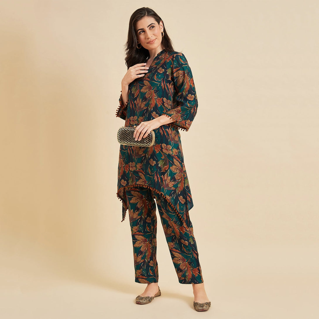 Women's Green Silk Blend Floral Printed Co-Ord Set - Azira