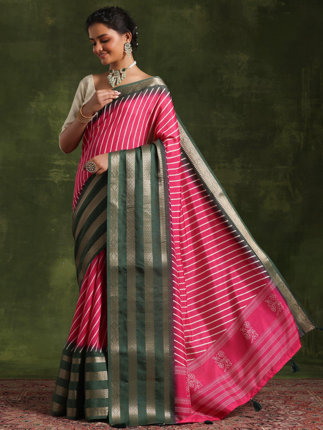 Pink Printed Silk Blend Saree With Unstitched Blouse Piece - Jashvi